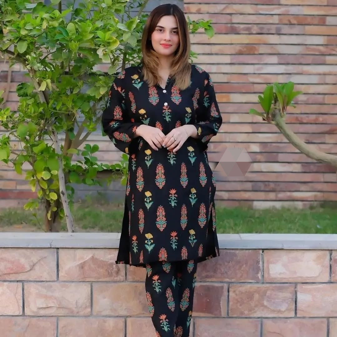 Flower printed Black 2pc Dress