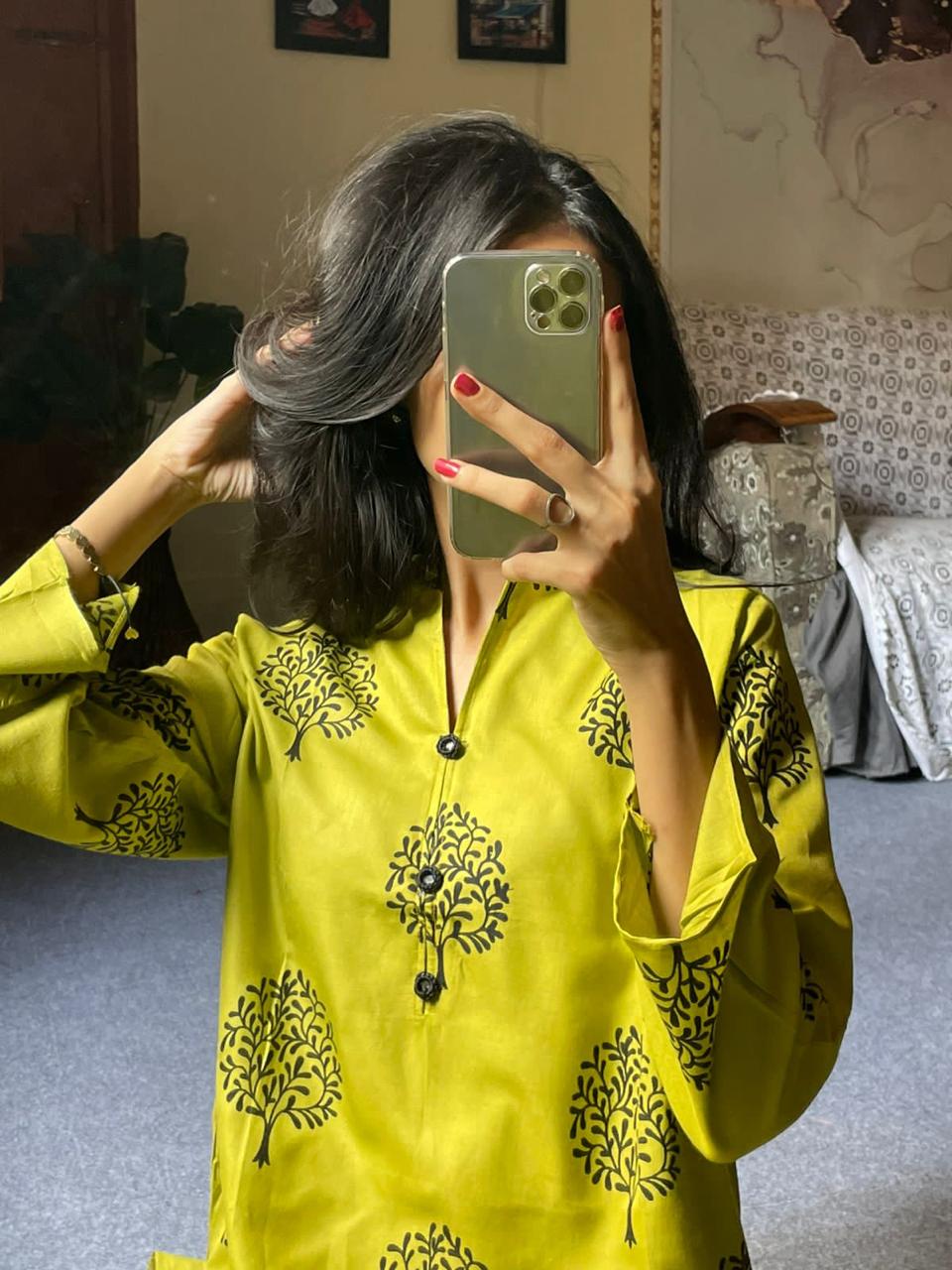 Tree Print -Olive Green 2pc Dress