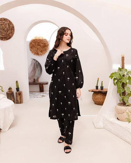 Black Flower Embroided 2pc Dress