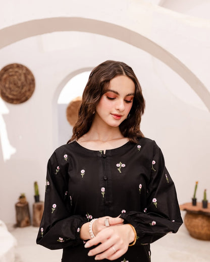 Black Flower Embroided 2pc Dress