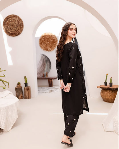 Black Flower Embroided 2pc Dress
