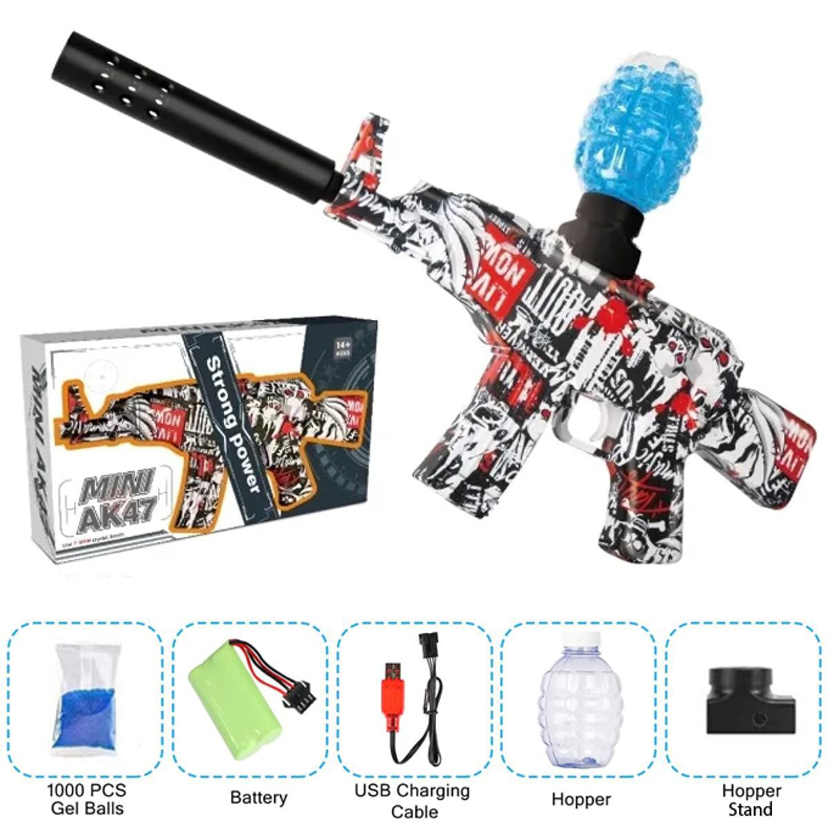 AK-47 Gel Blaster Electric Toy Gun - Rechargeable Automatic Machine Gun with 1000 Gel Balls