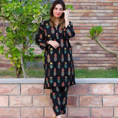 Flower printed Black 2pc Dress