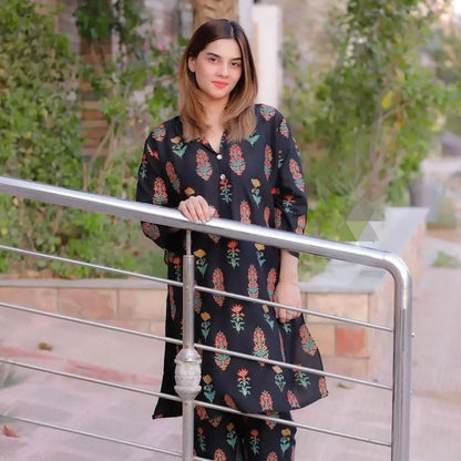 Flower printed Black 2pc Dress