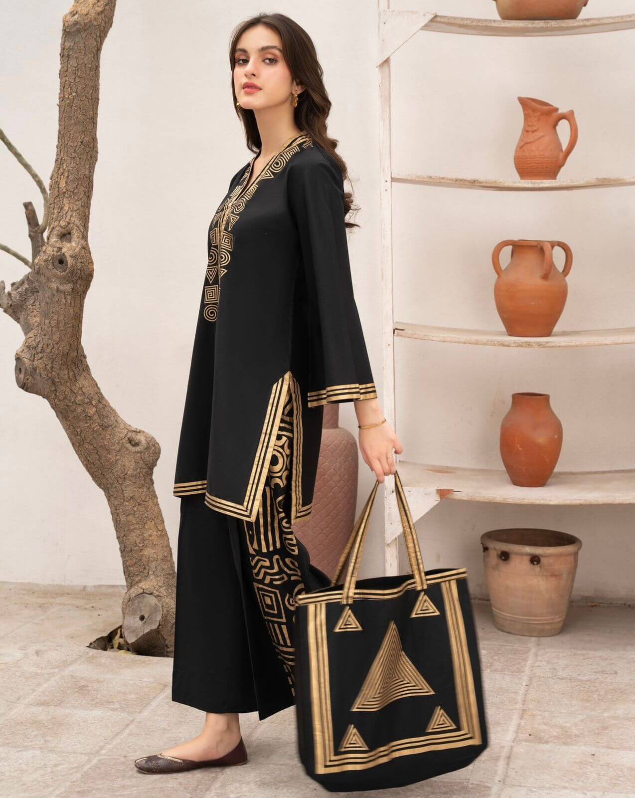 Shirt with Palazzo & Bag - 2 Piece Stitched