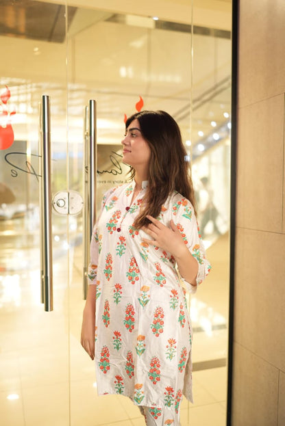 Flower Print White 2pc Dress