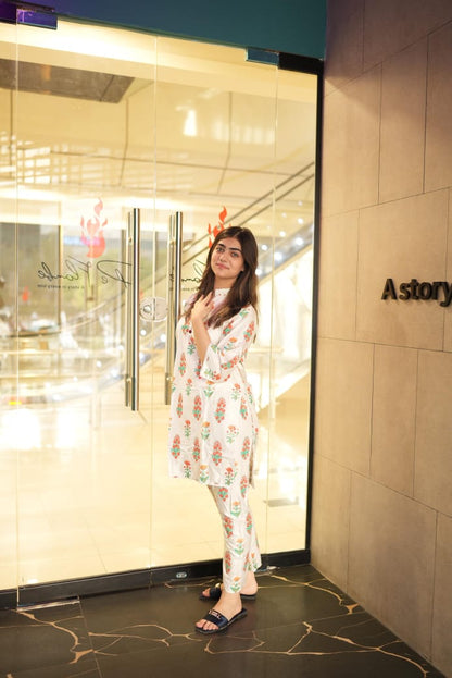 Flower Print White 2pc Dress
