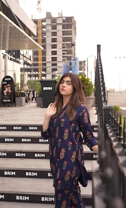 Flower Print Blue 2pc Dress