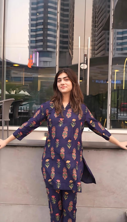 Flower Print Blue 2pc Dress