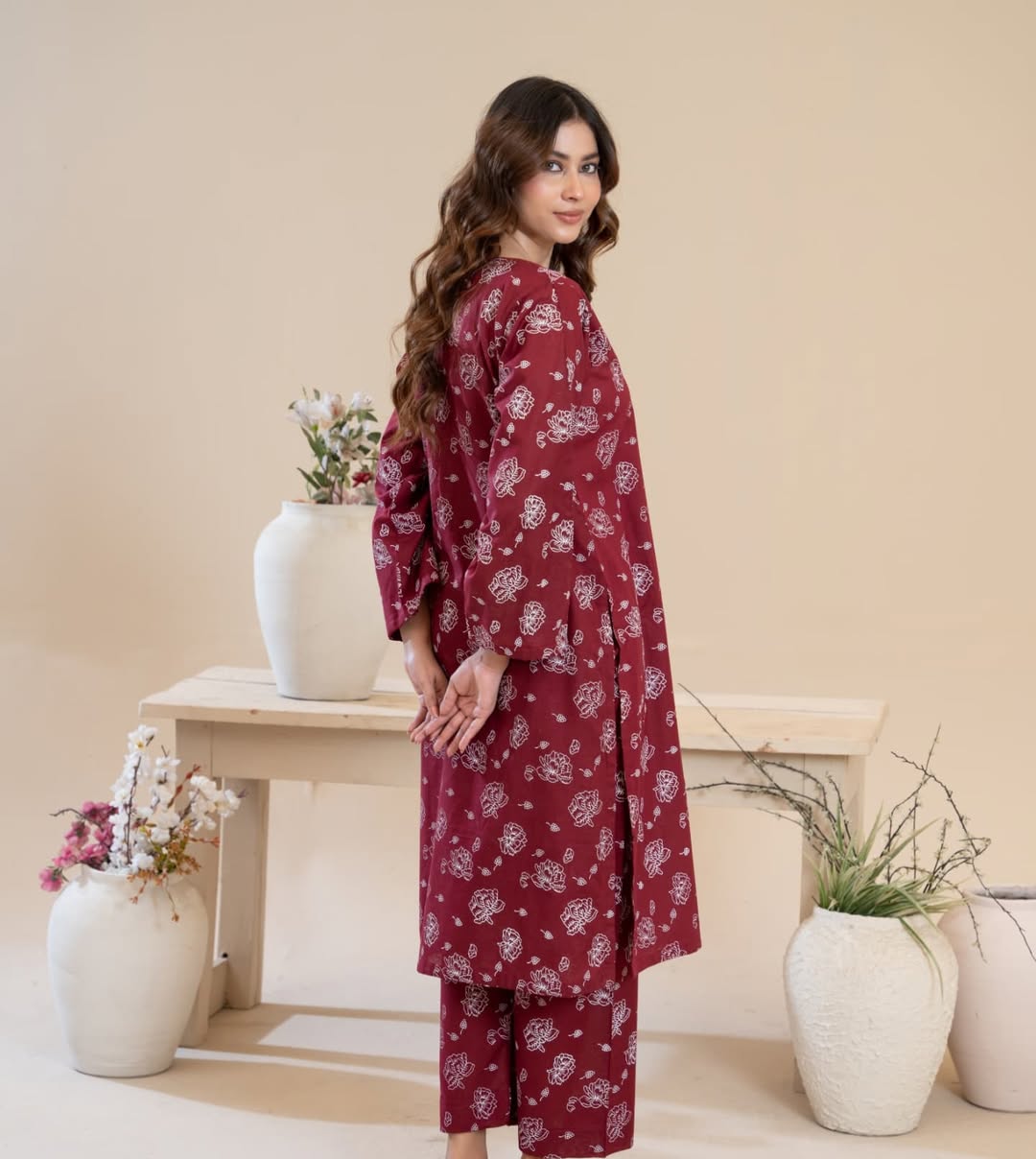 Simran Maroon 2-Piece Screen Printed Stitched Suit for women