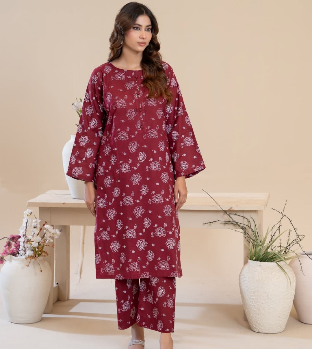 Simran Maroon 2-Piece Screen Printed Stitched Suit for women