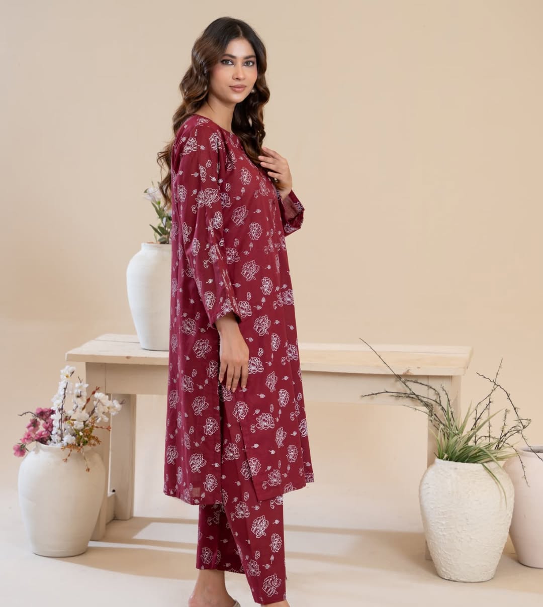 Simran Maroon 2-Piece Screen Printed Stitched Suit for women