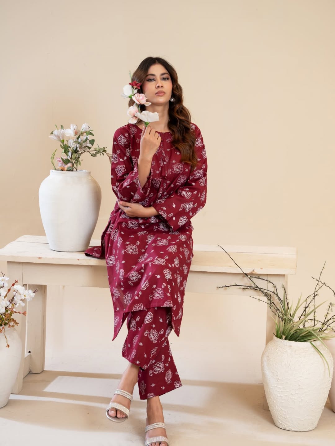 Simran Maroon 2-Piece Screen Printed Stitched Suit for women